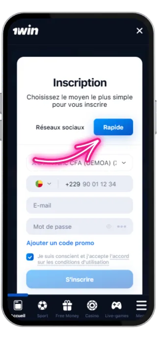 1win inscription - Sélectionnez