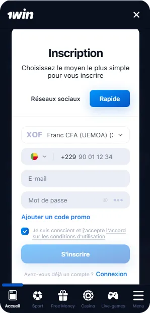 1Win Inscription - Rejestracja